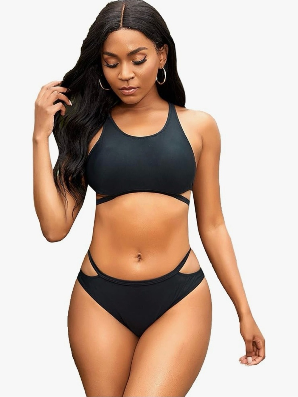 Black Cutout Racerback Bikini Set High Waisted Sport Two Piece Swimsuit Large